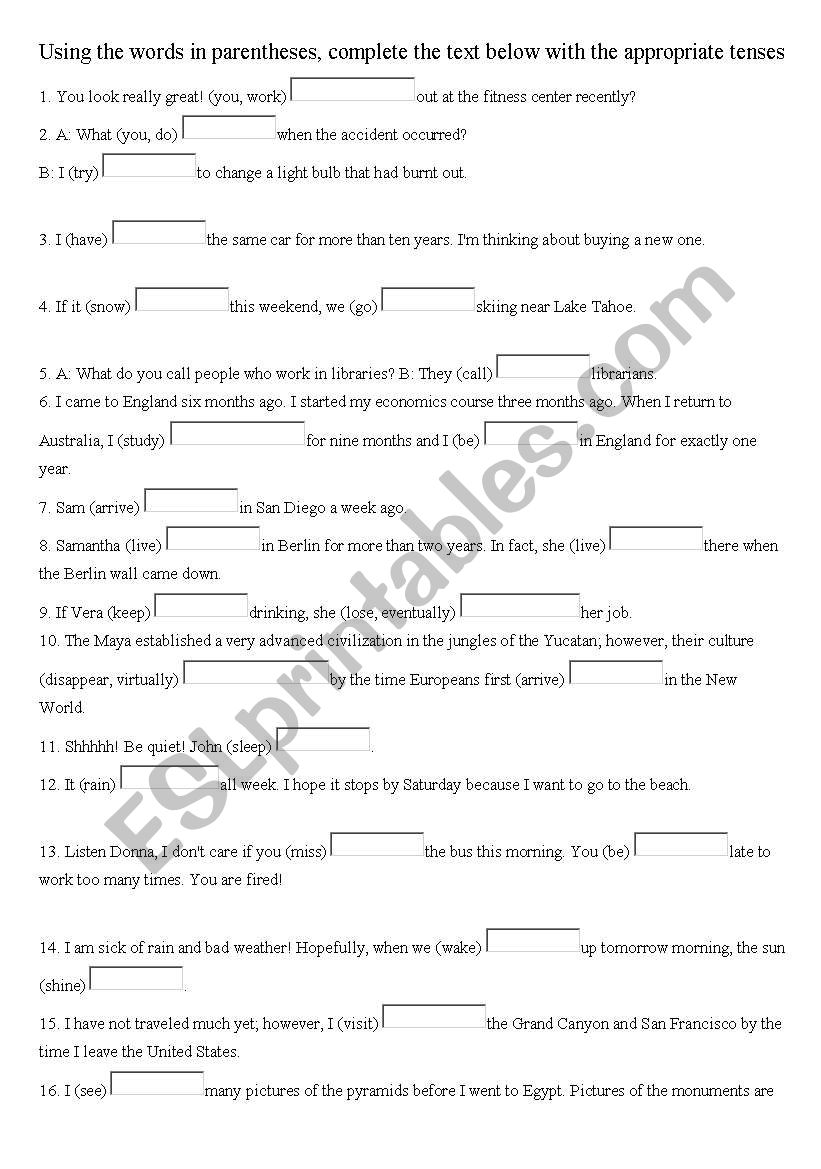 reviewing verb tenses worksheet