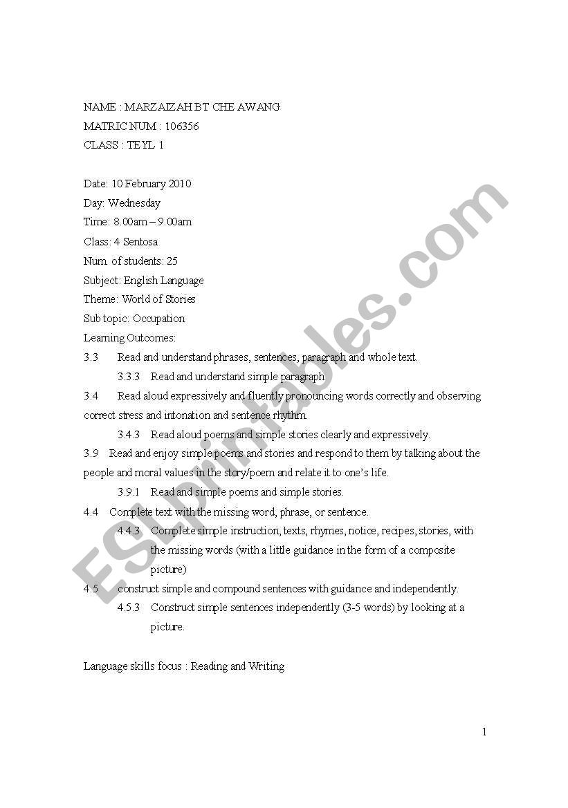 teaching occupations worksheet