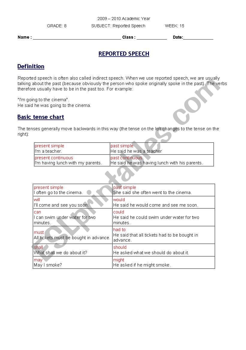 reported speech worksheet