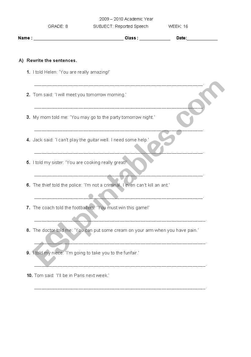 reported speech worksheet