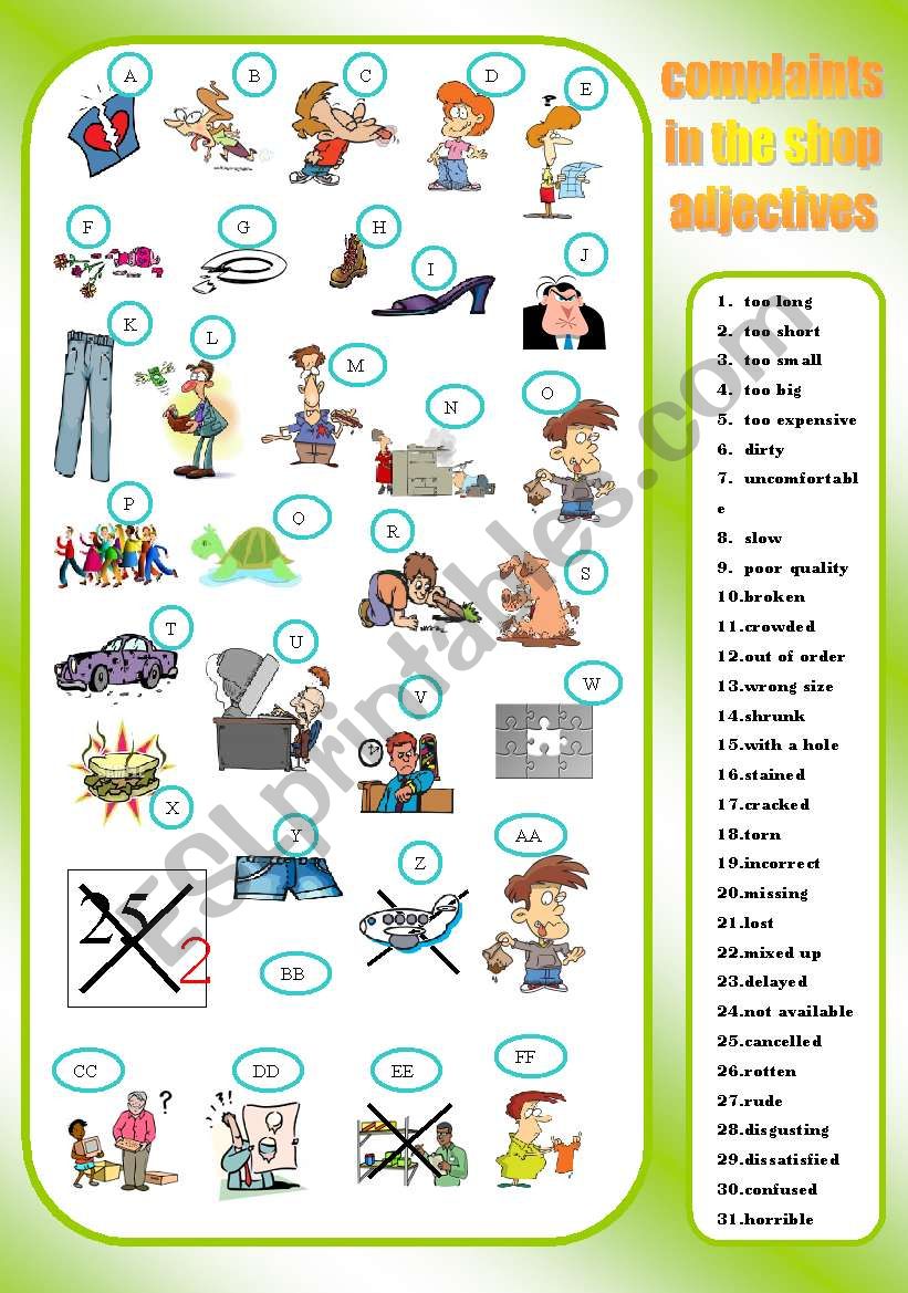 COMPLAINTS IN THE SHOP - adjectives - matching