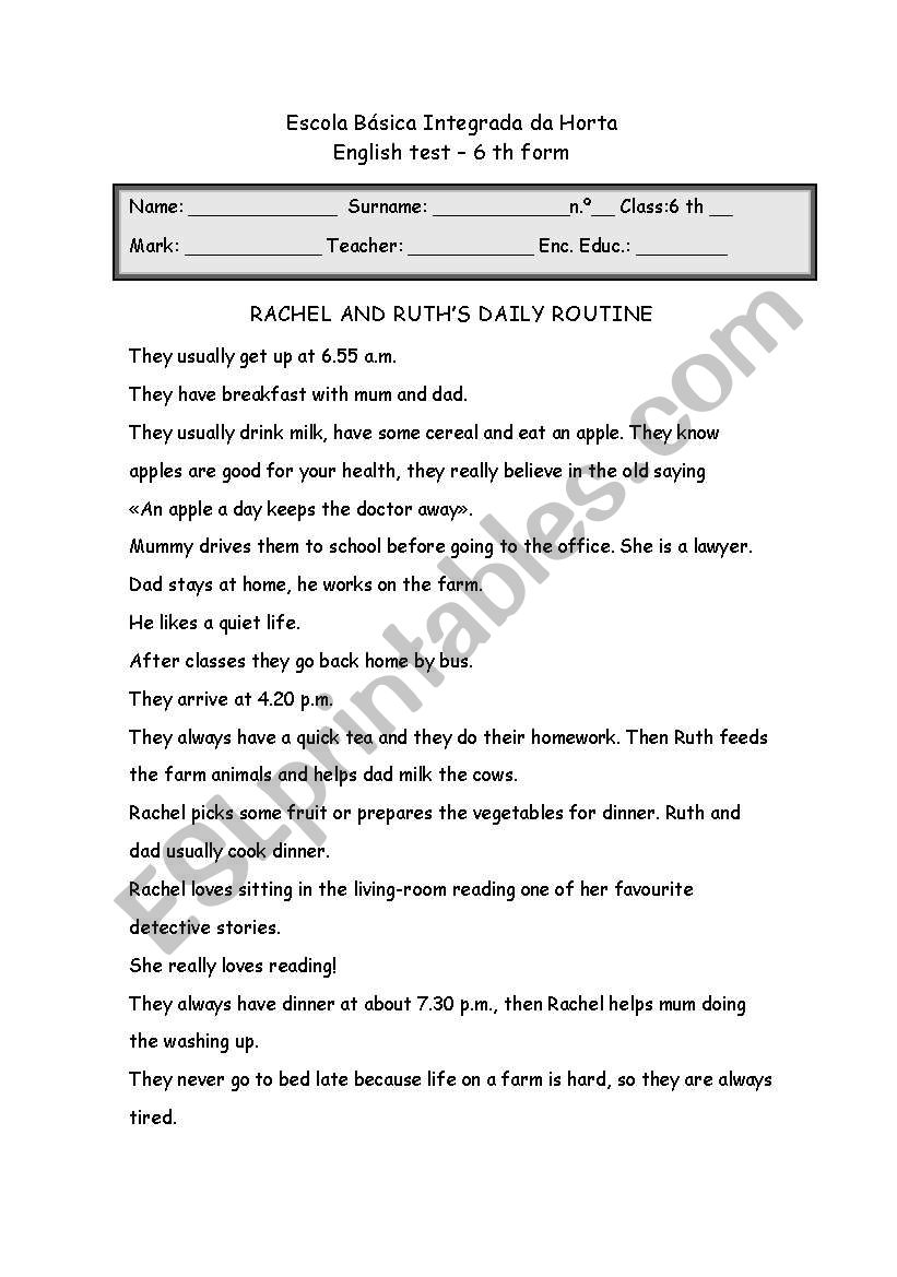 daily routine test worksheet