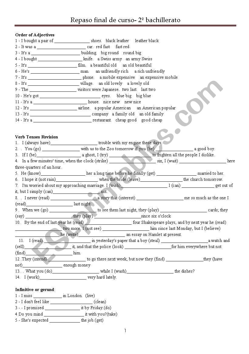 Final Course Revision  worksheet