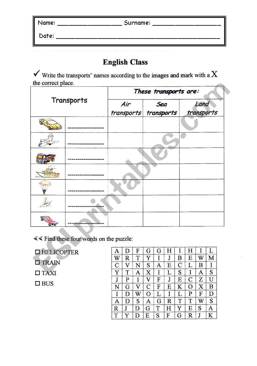 Transports worksheet