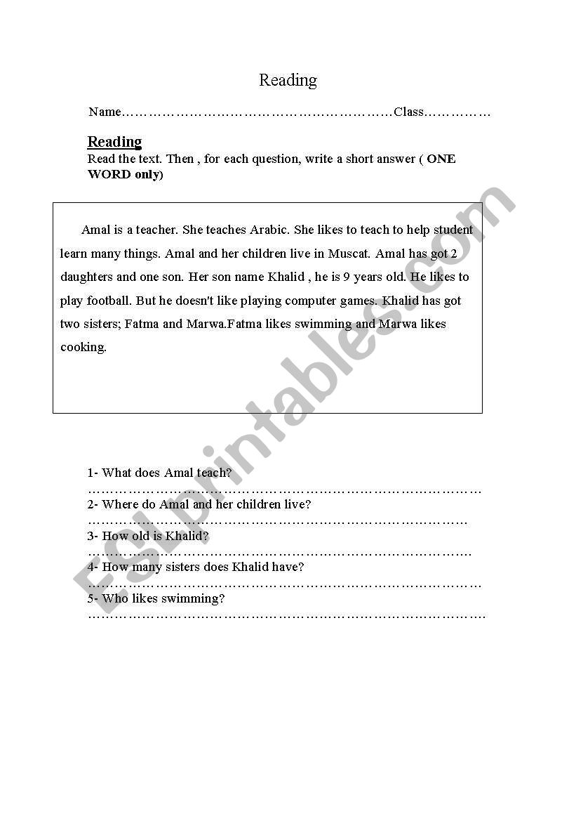 reading worksheet