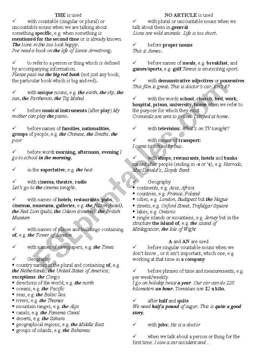 Articles worksheet