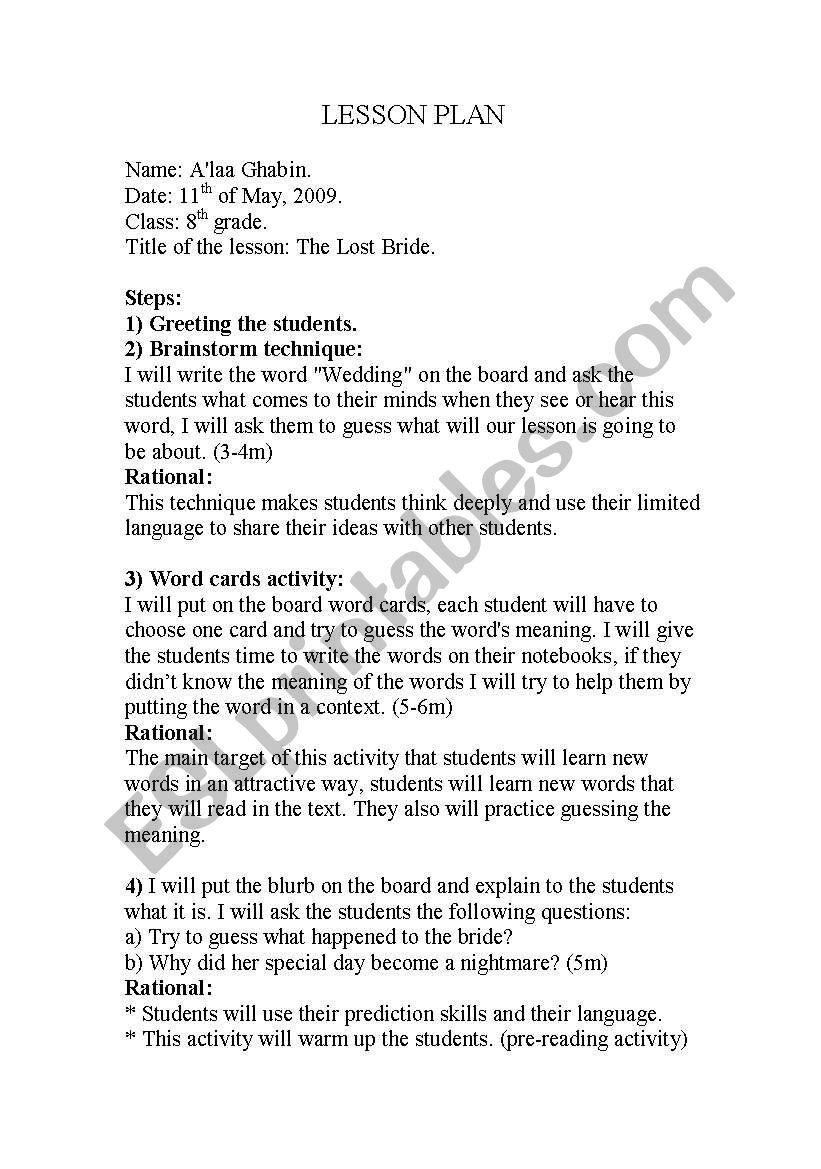 the lost bride worksheet