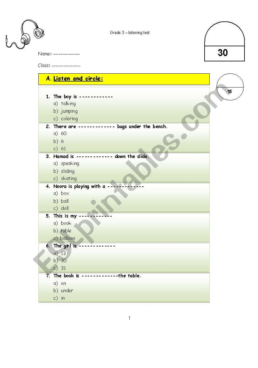 Listening Test - Grade 1-3 worksheet