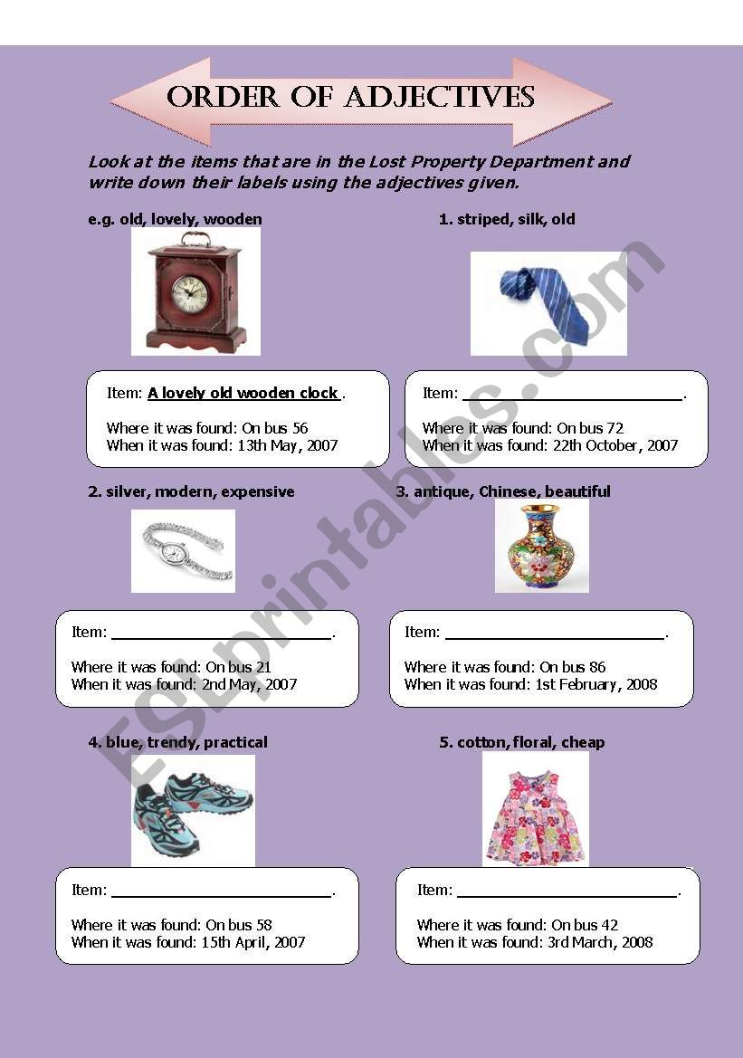 order of adjectives worksheet