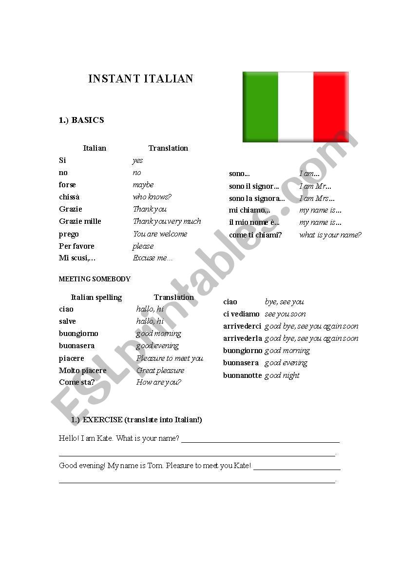 Instant Italian worksheet