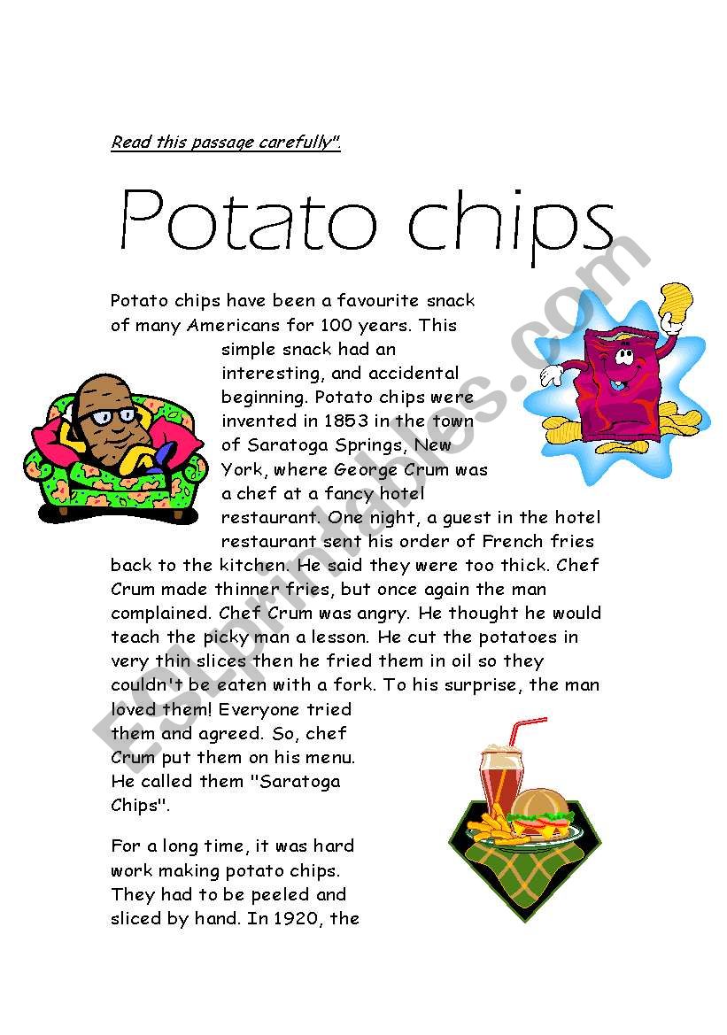 potato chipos reading worksheet