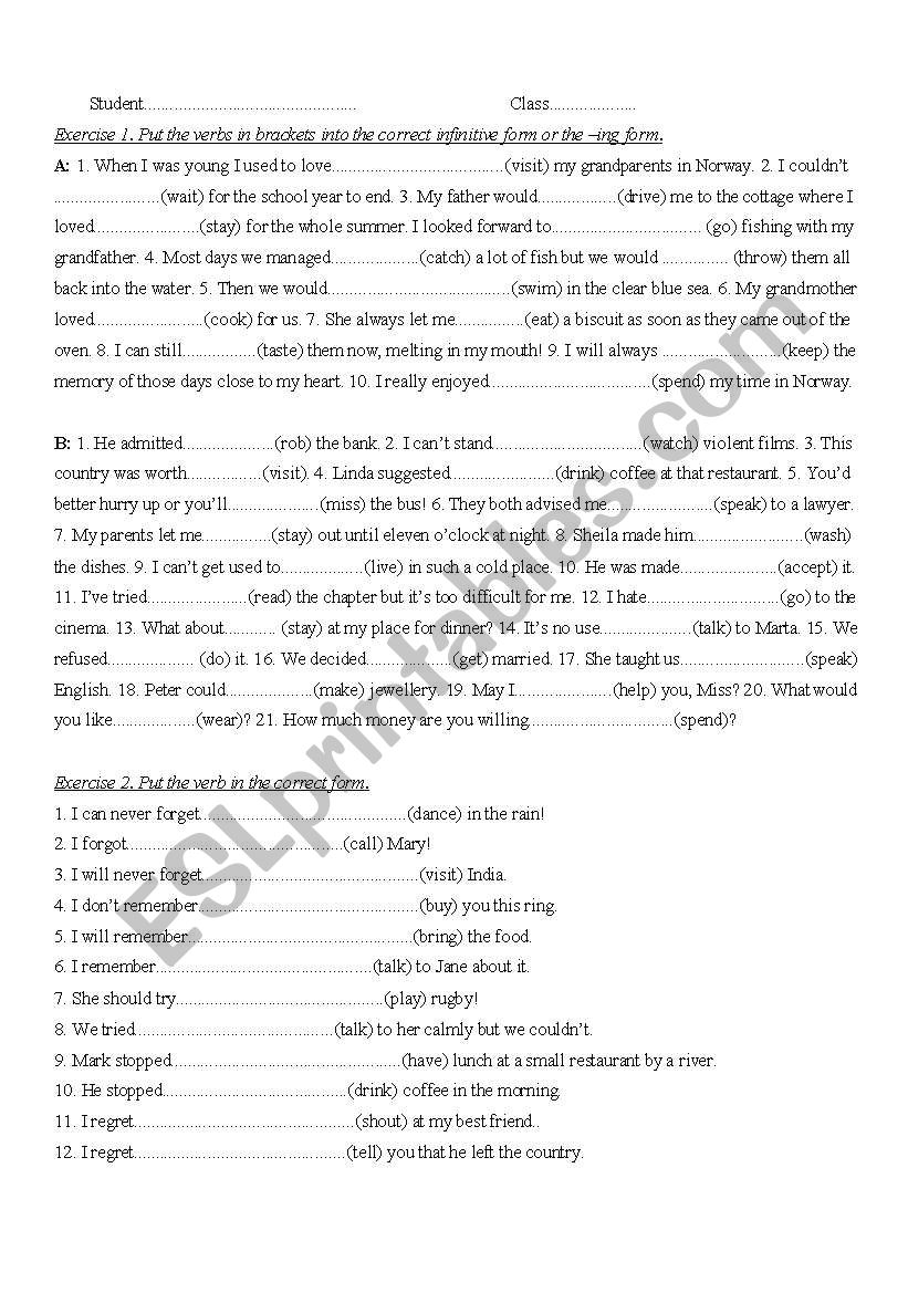 The infinitives and -ing form worksheet