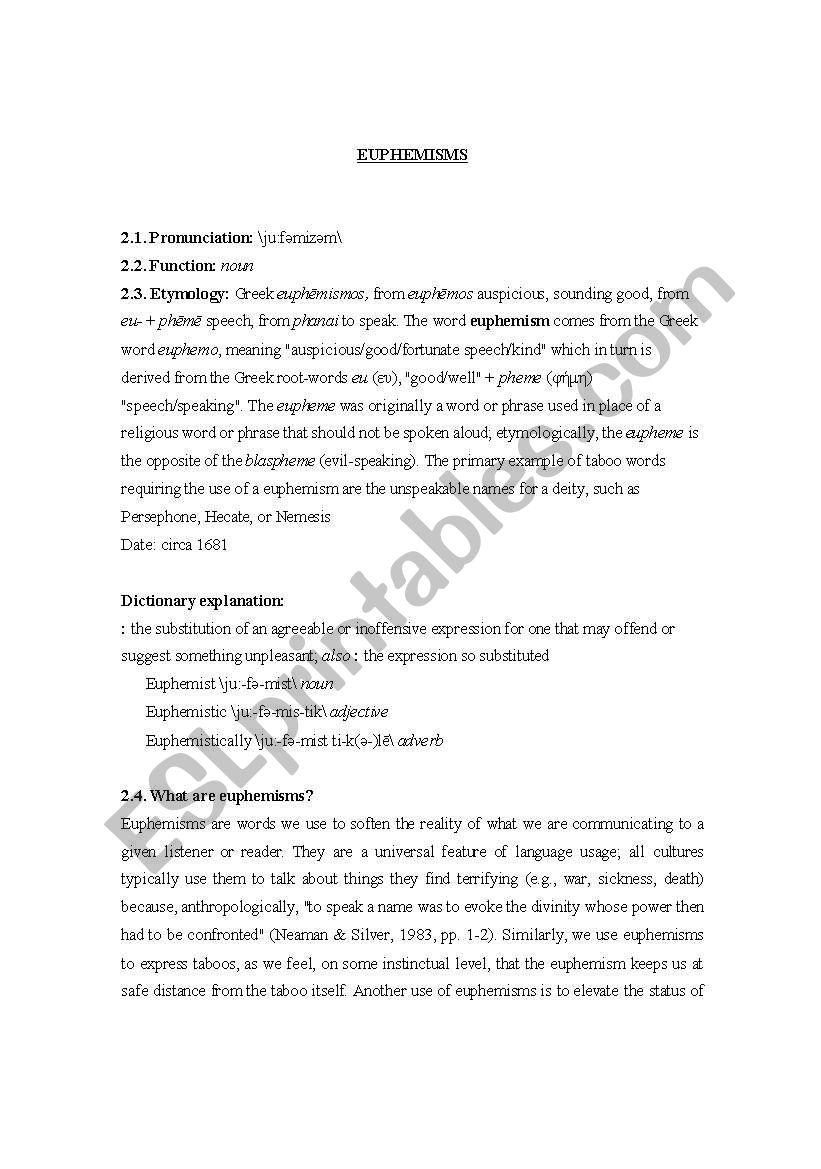 euphemisms esl worksheet by anja1111