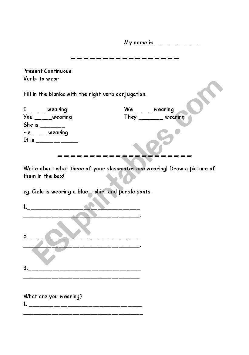 present continous clothing worksheet