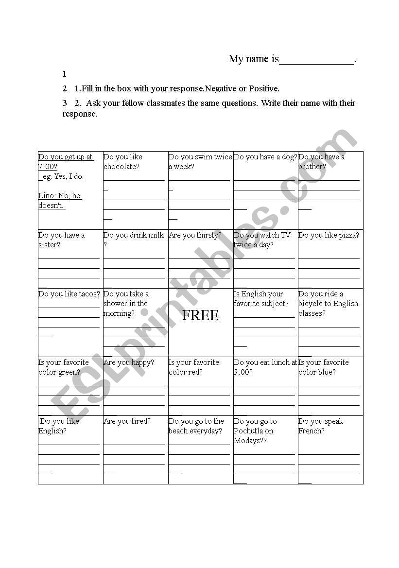 shortanswerbingo worksheet