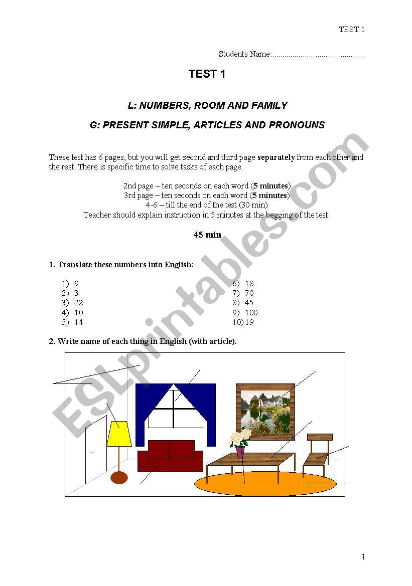 Test checking knowledge of numbers, room and family vocabulary and present simple