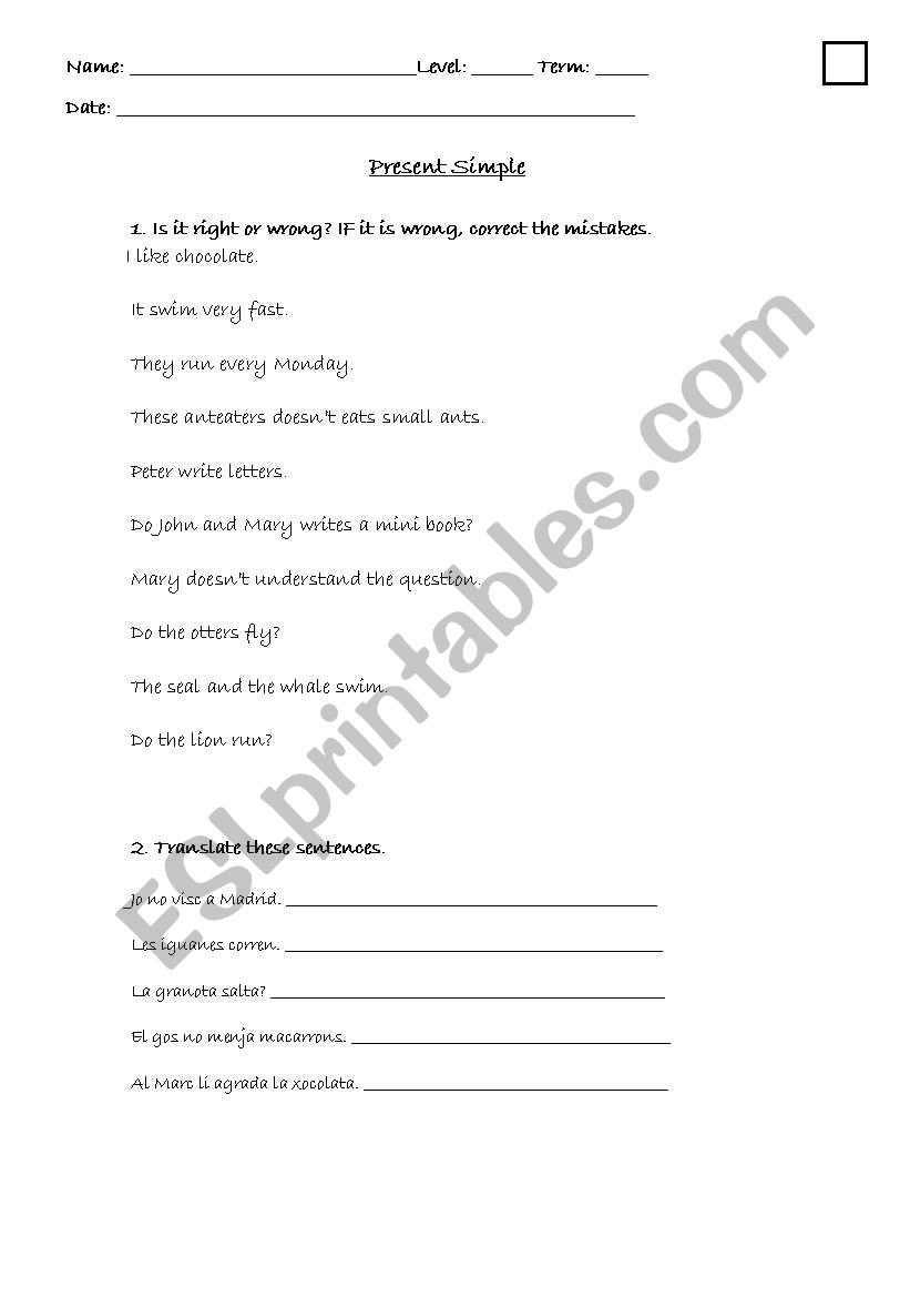 PRESNT SIMPLE TEST worksheet