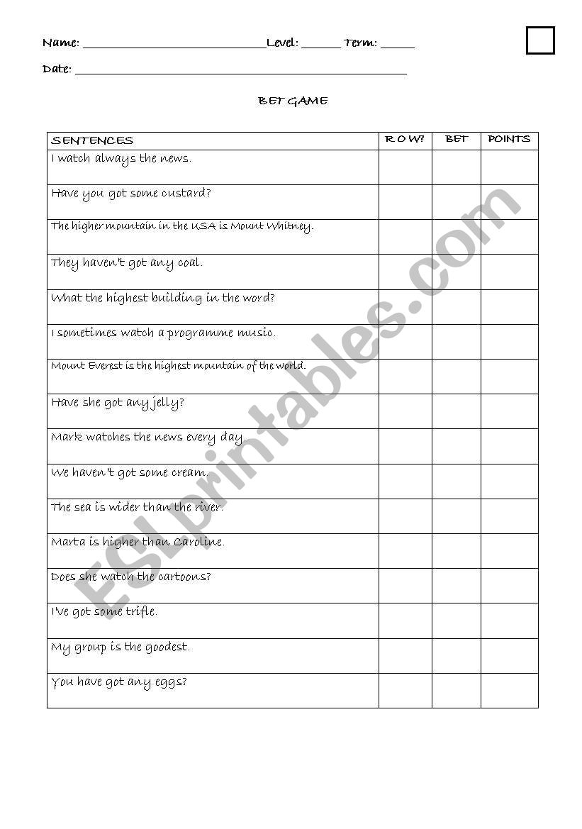 BET GAME worksheet