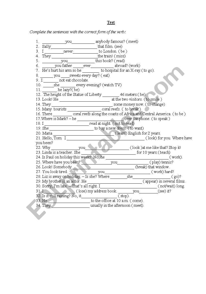 present times test worksheet