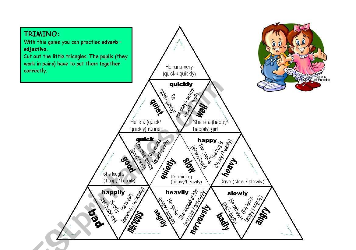 Trimino: adverb - adjective worksheet