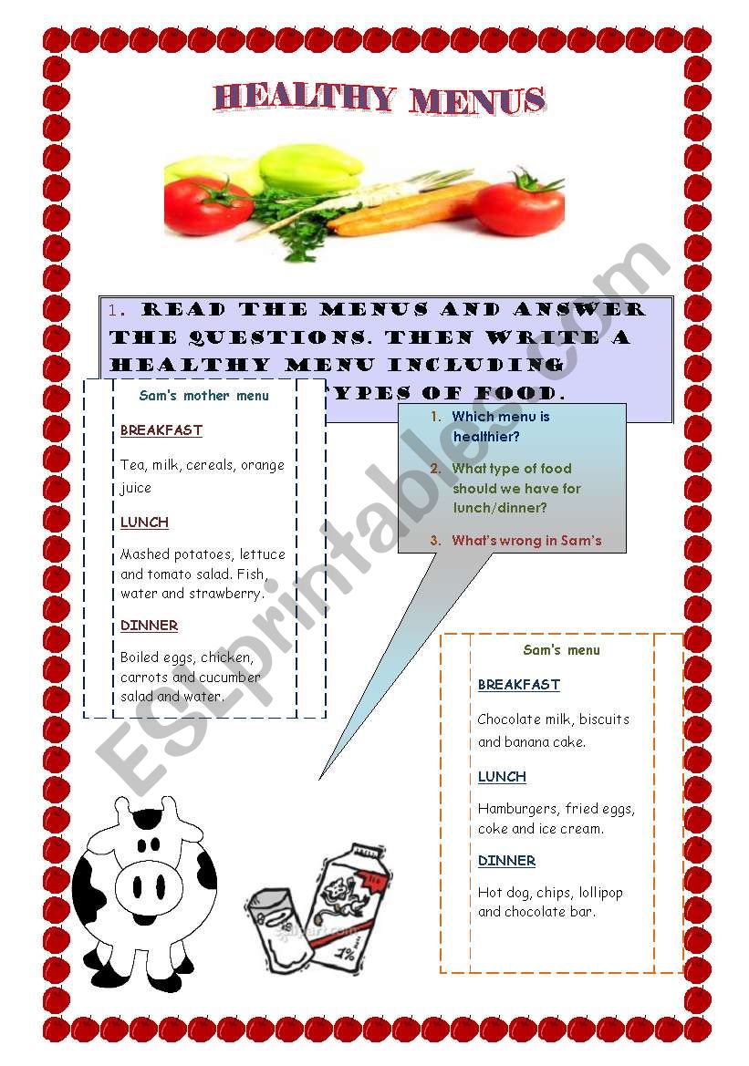 Healthy menus - ESL worksheet by drusiliaygouache