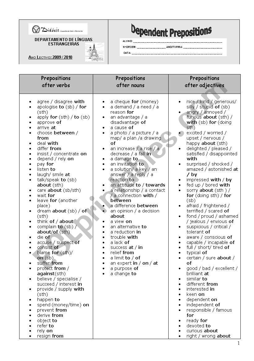 Dependent prepositions worksheet