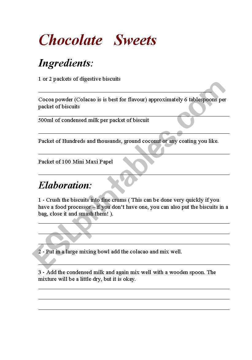 Chocolate Sweets Recipe worksheet