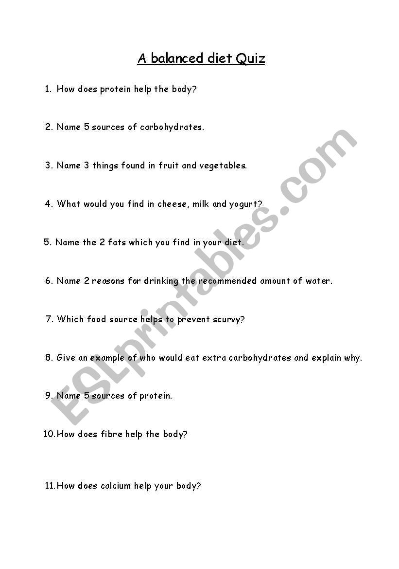 A balanced Diet Quiz worksheet