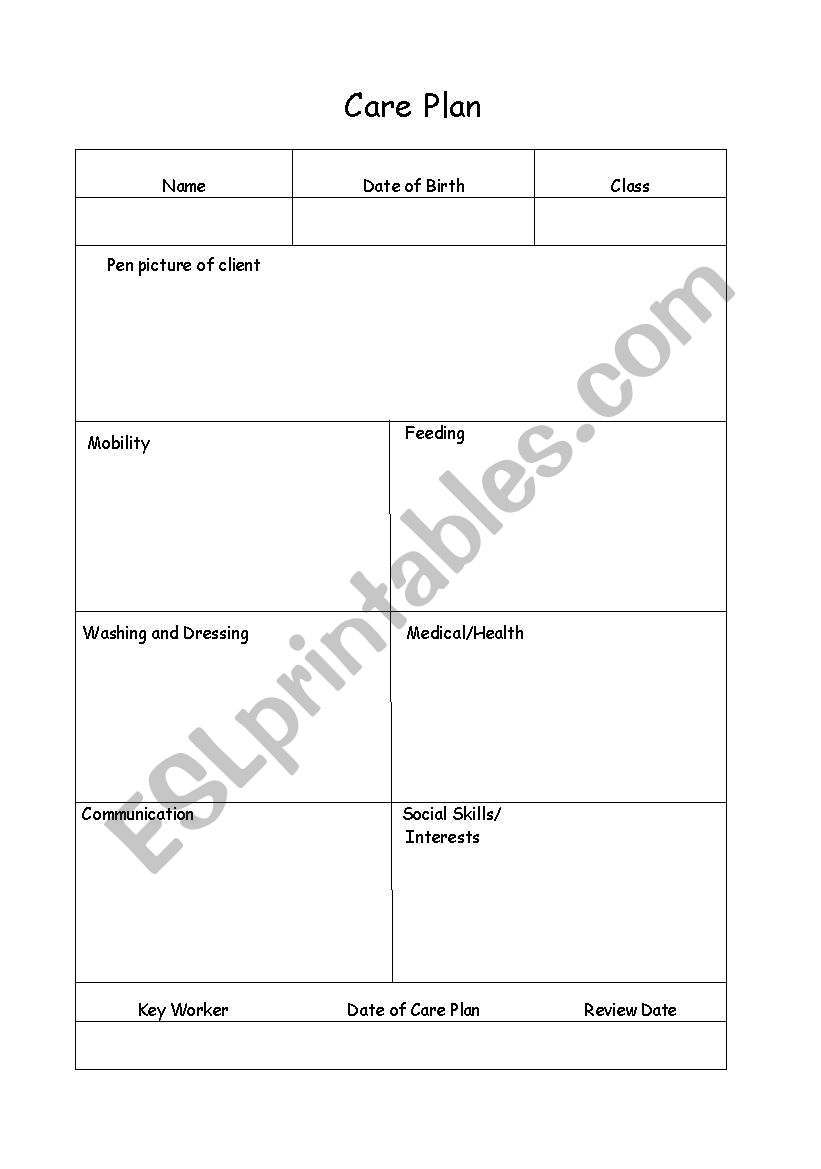 Care plan form and profile worksheet
