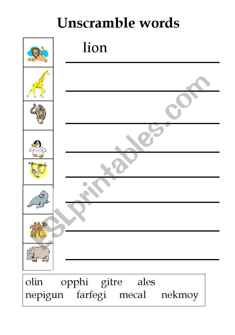 animals unscramble worksheet