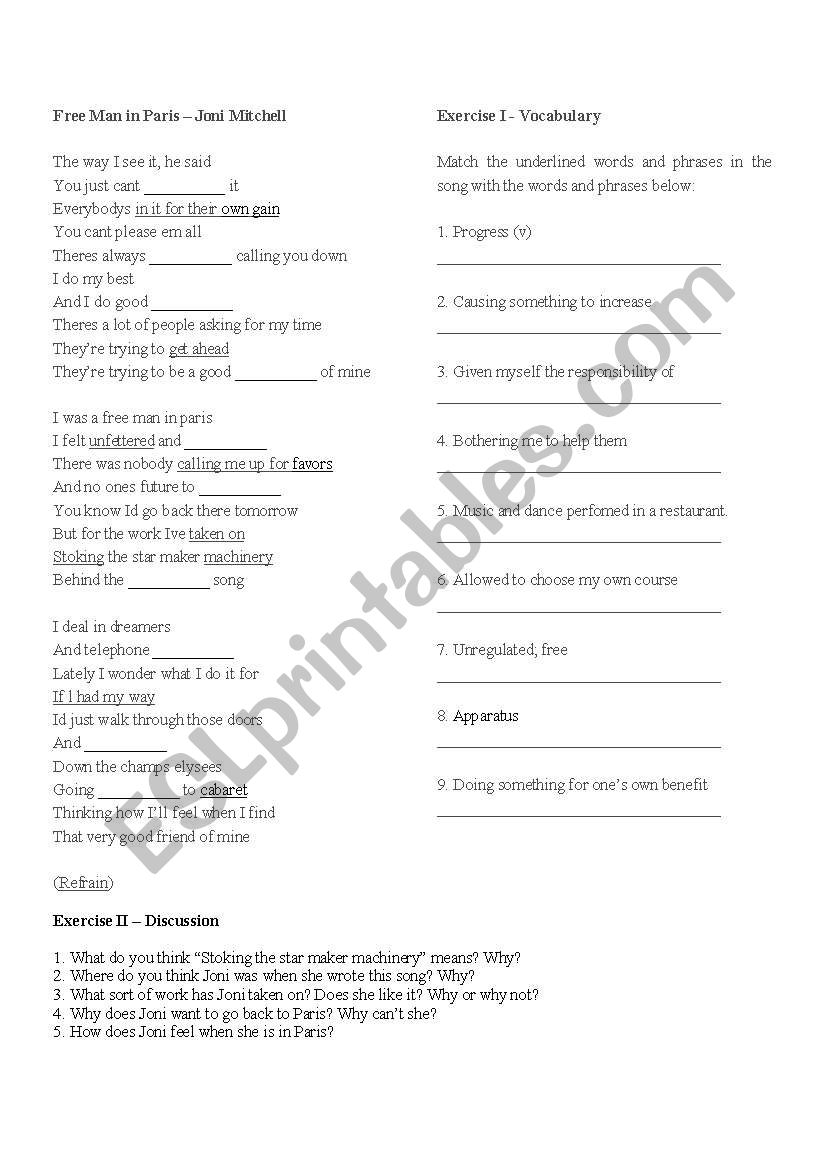 Free Man in Paris worksheet