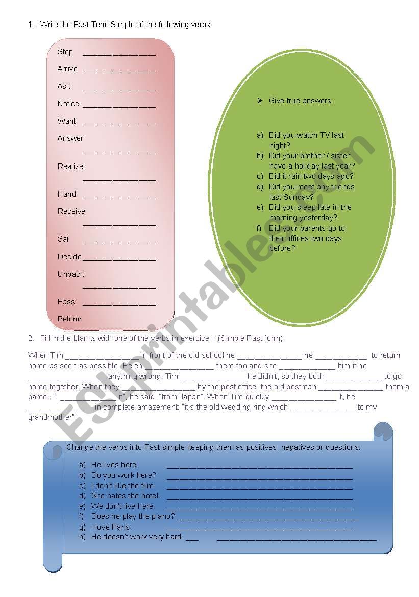 Simple Past Hand Out worksheet
