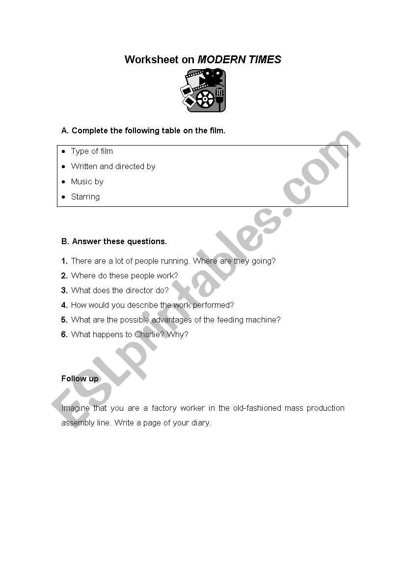 worksheet on the film Modern Times