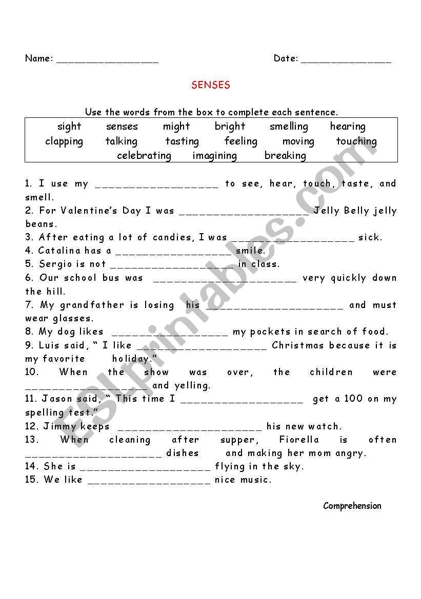 Senses - Comprehension  worksheet