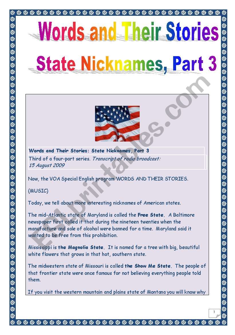 The USA- Words & their stories series - STATE NICKNAMES # 3 (Comprehensive PROJECT, 5 tasks, 10 pages, includes MP3 link & KEY)