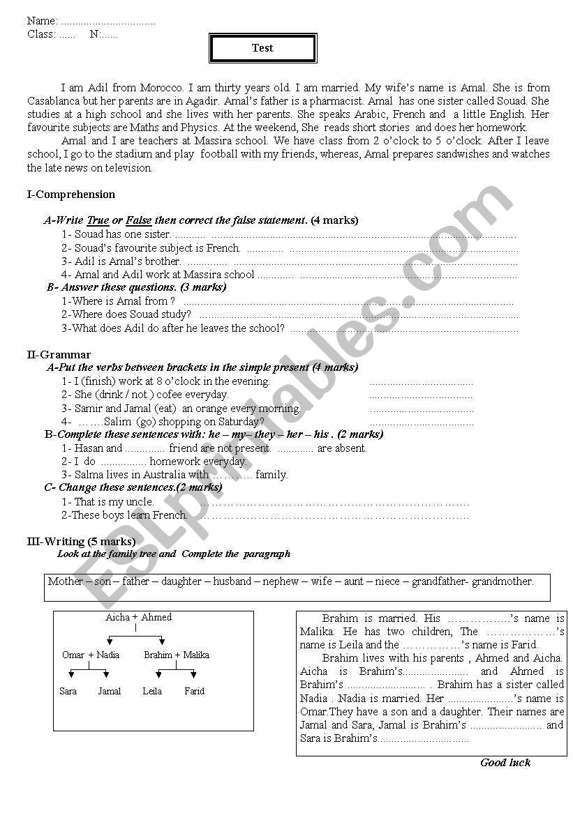 test on family worksheet