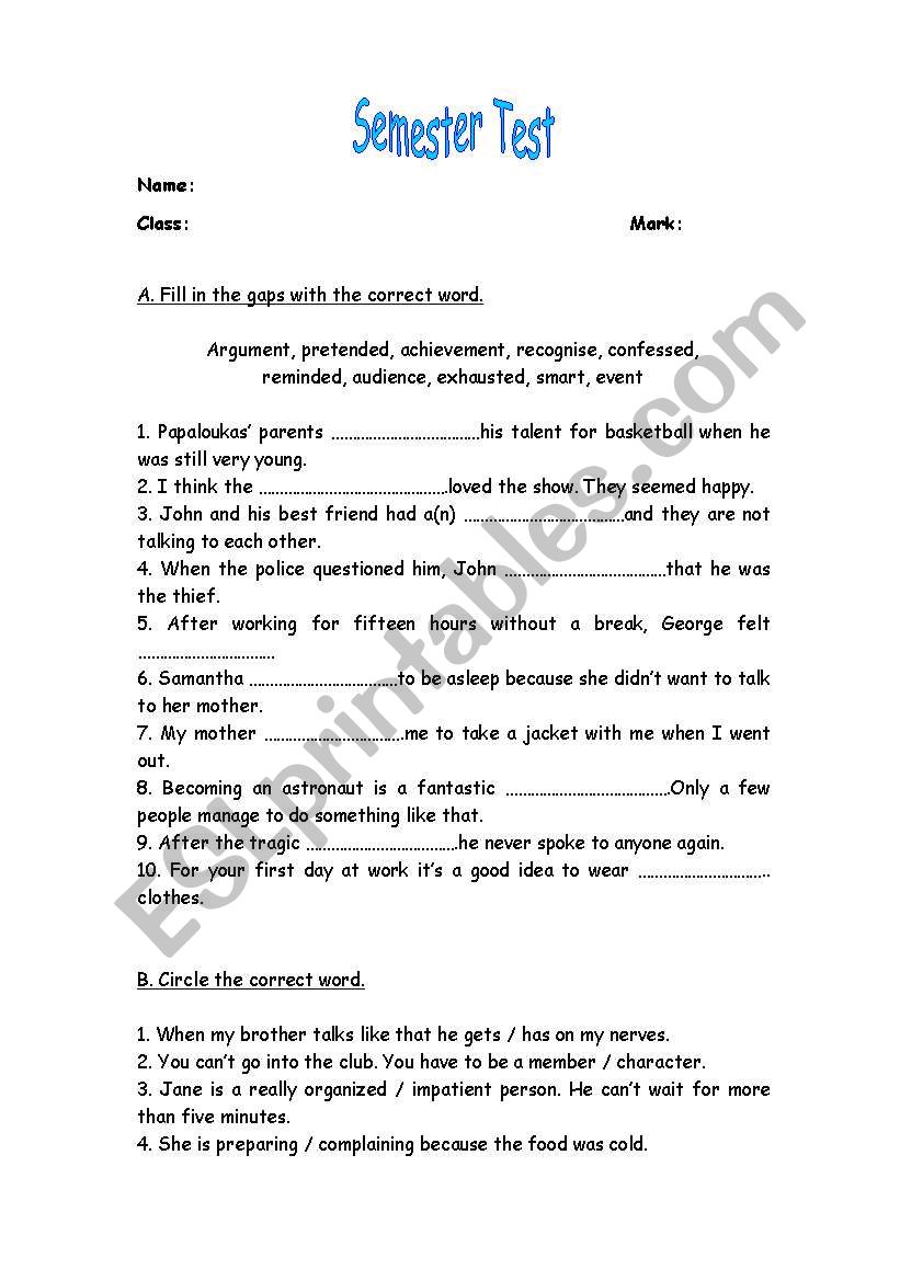 Vocabulary test worksheet