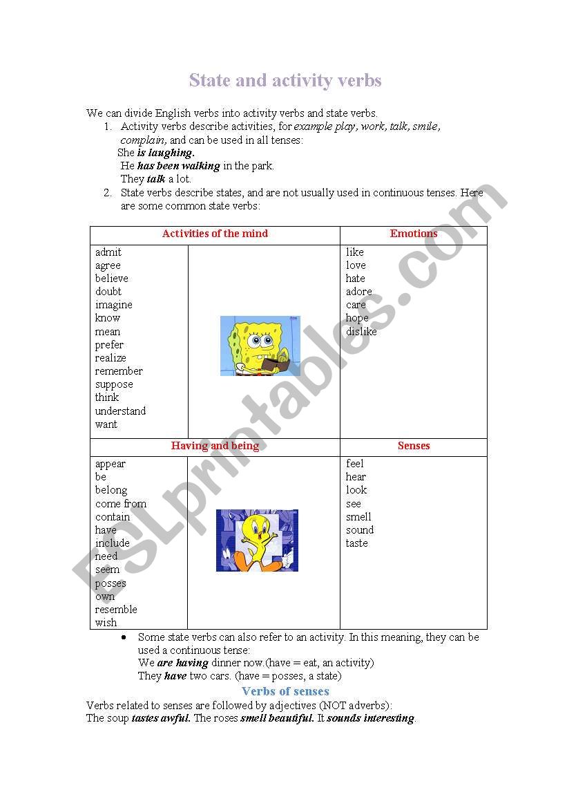 State and Activity Verbs worksheet
