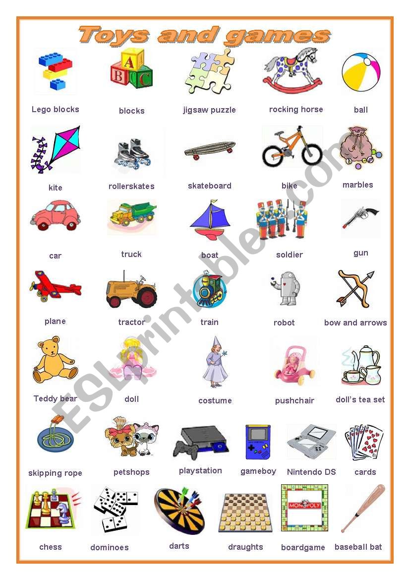 Toys and games, a pictionary (editable)