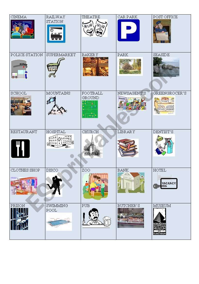 PLACES BINGO worksheet