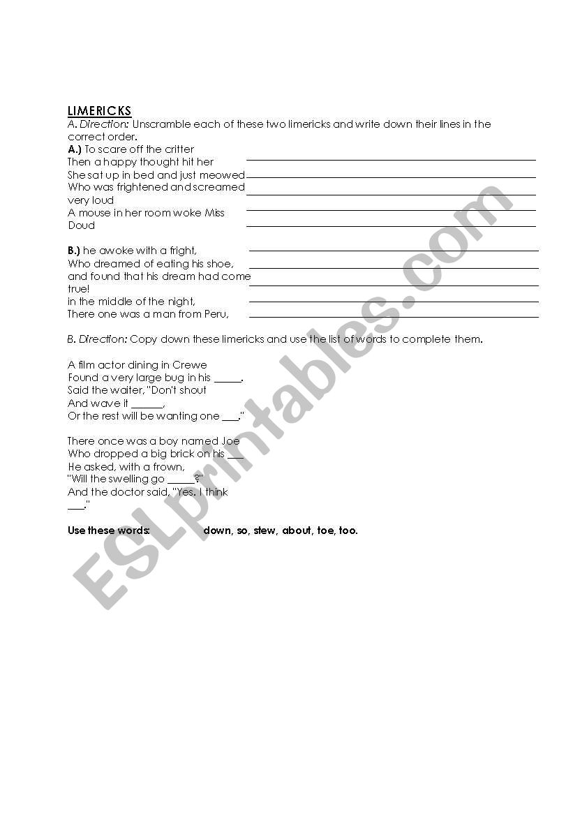 LIMERICKS worksheet