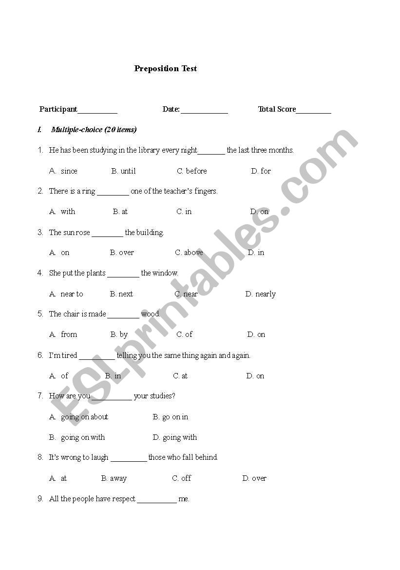 preposition test paper worksheet