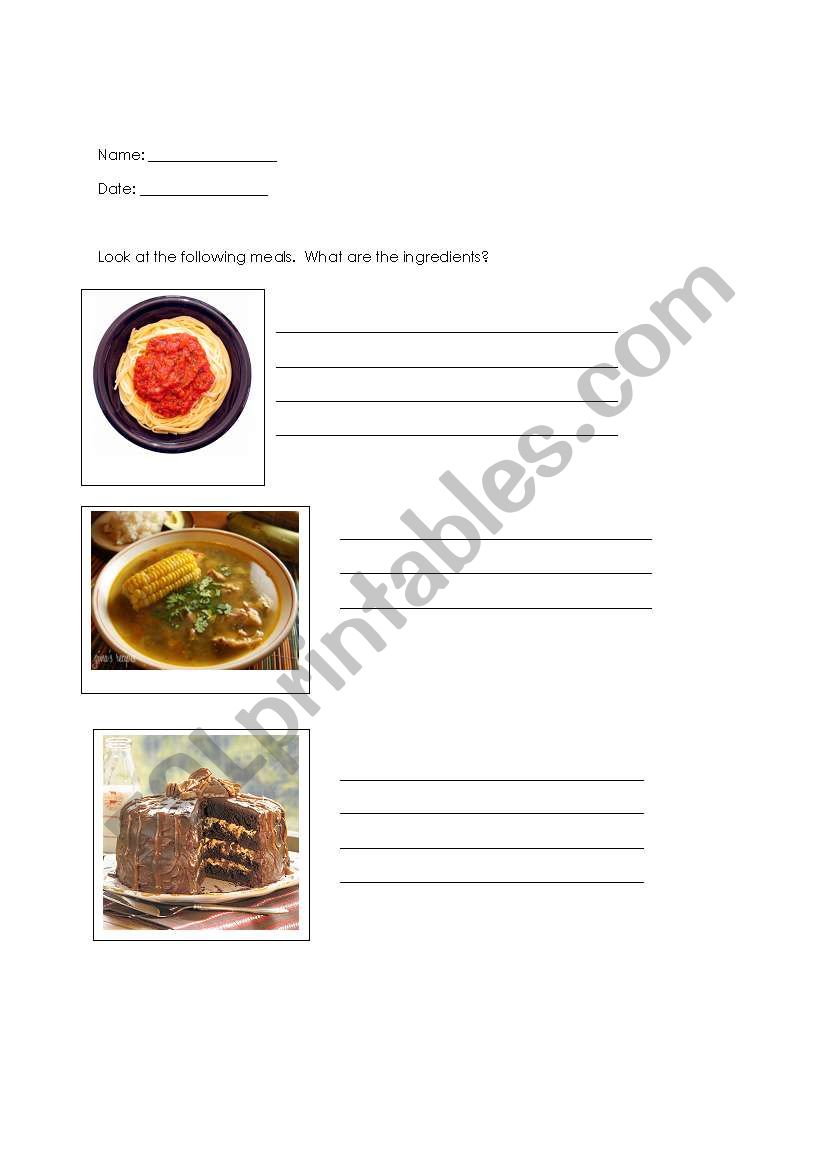 Recipees and shopping worksheet