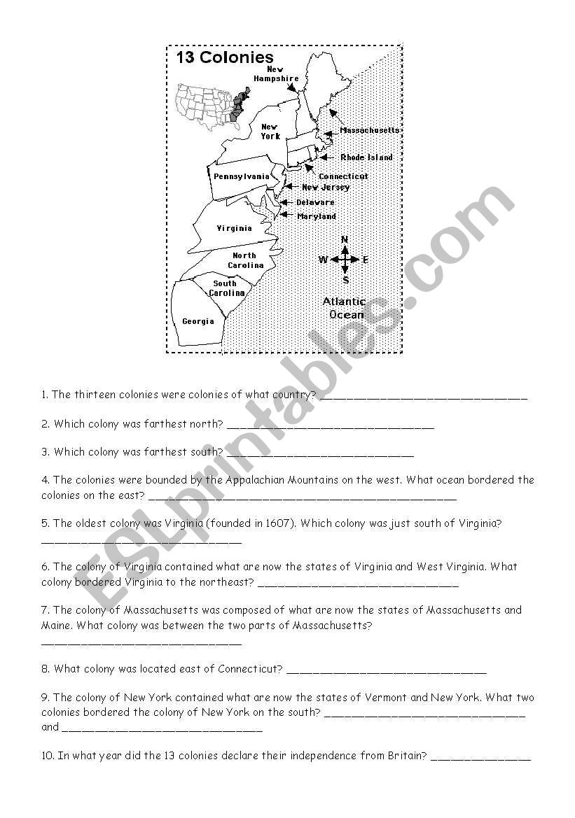 the 13 colonies worksheet