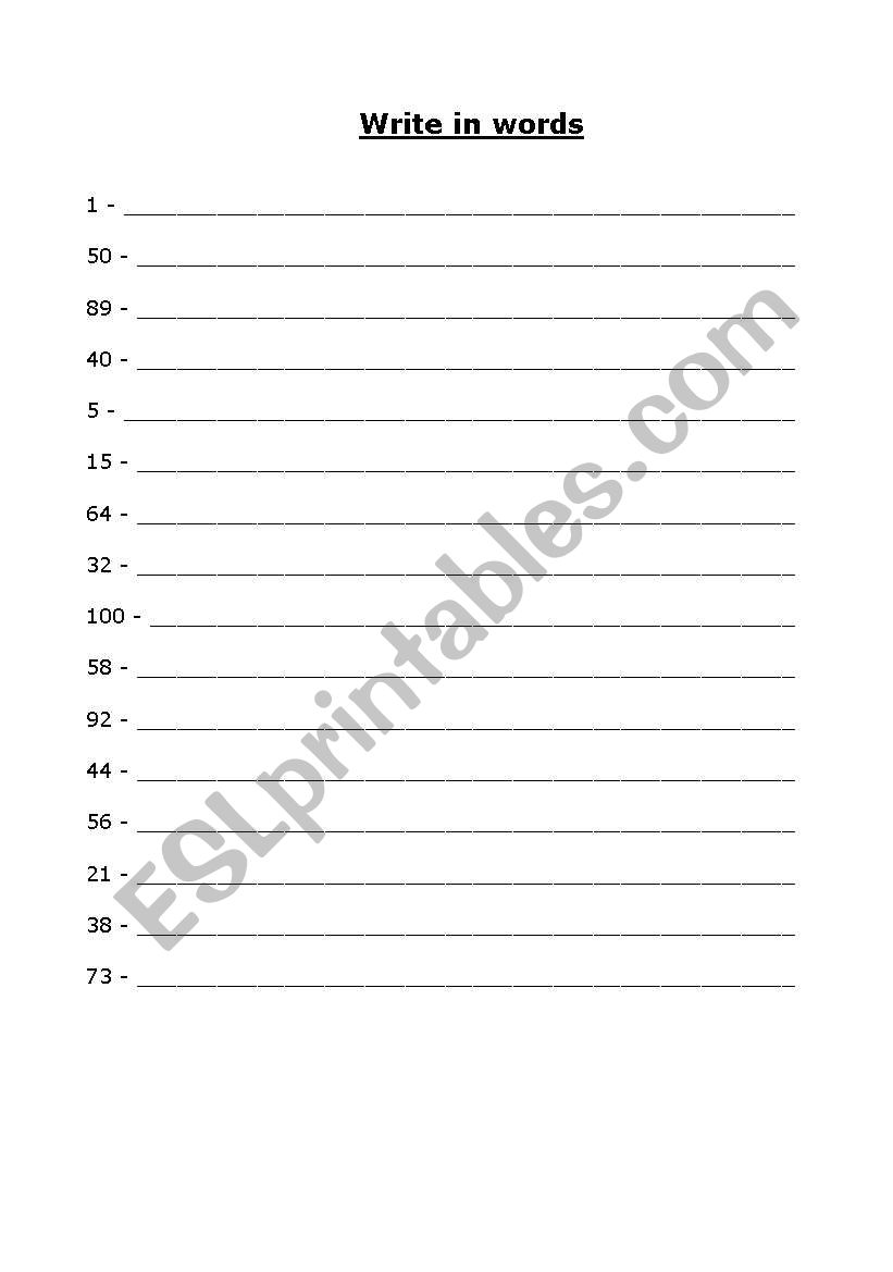 Write in words worksheet