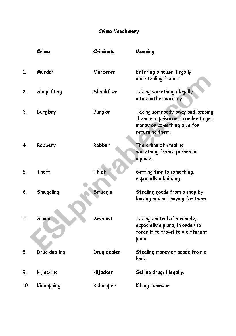 Crime vocabulary worksheet