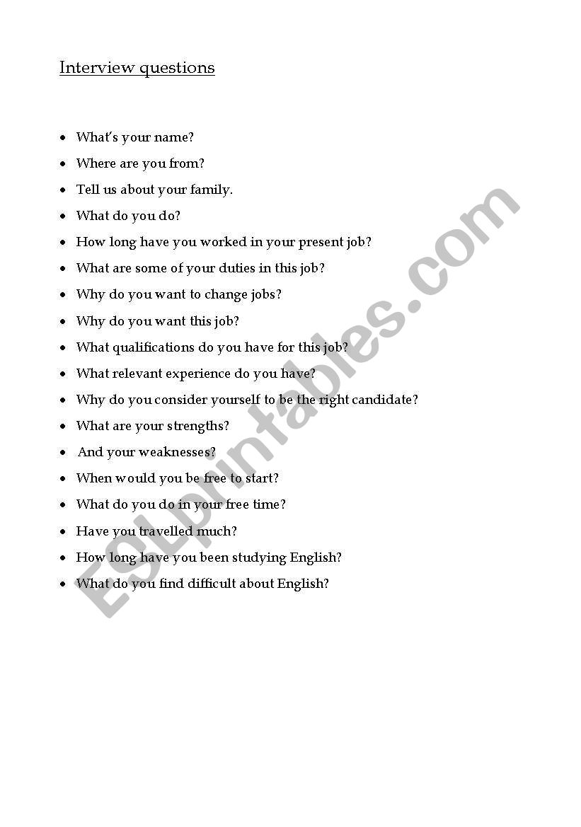 Interview questions worksheet