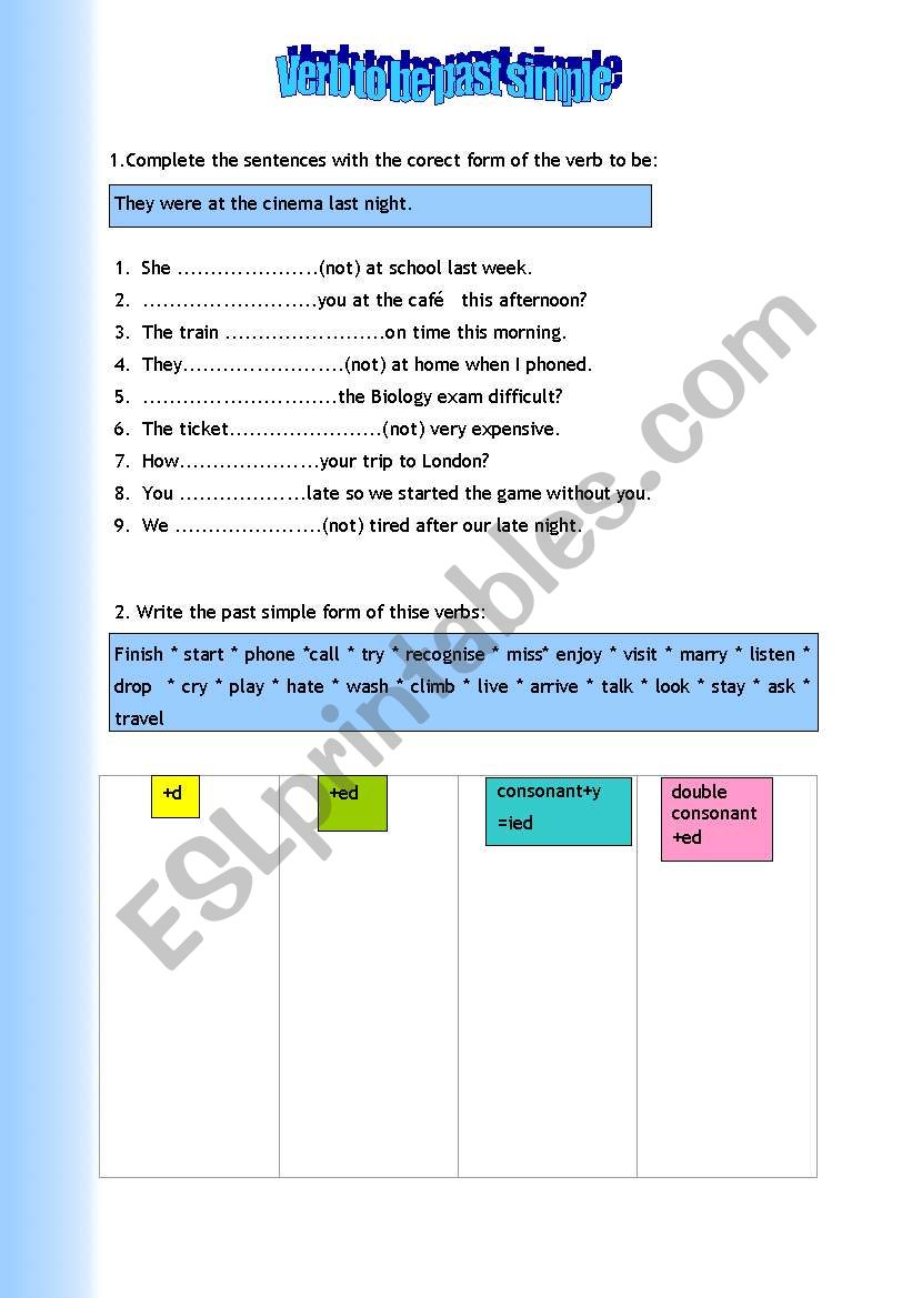 Past simple verb To be worksheet