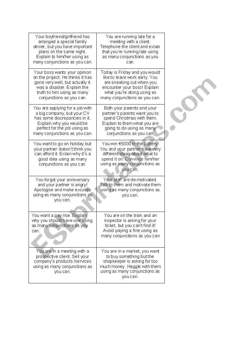 Conjunctions Boardgame worksheet