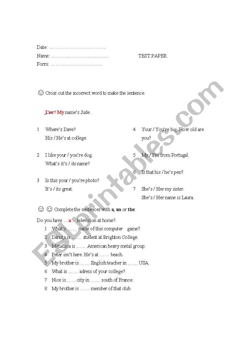 grammar test worksheet